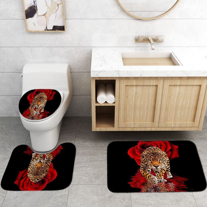 jieprom 4PCS Red Rose and Leopard Shower Curtain Set with Rugs  Toilet Lid Cover and Bath Mat  Animal Shower Curtain with 12 Hooks  Complete Bathroom Decor Set - Image 2